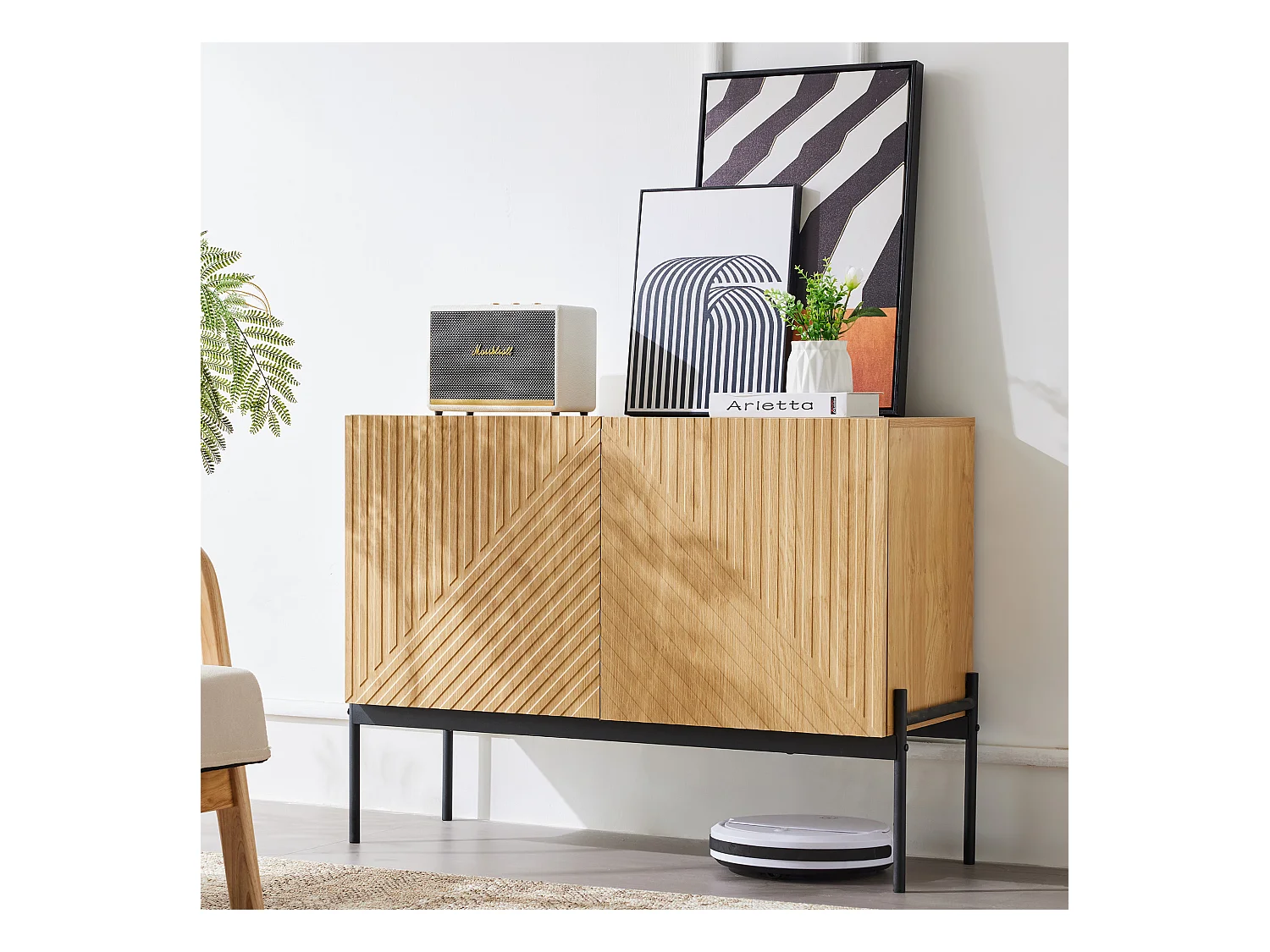 Ladekast met 2 deuren en 1 lade, minimalistisch design, in hout, zwart en naturel (100x40x75 cm)