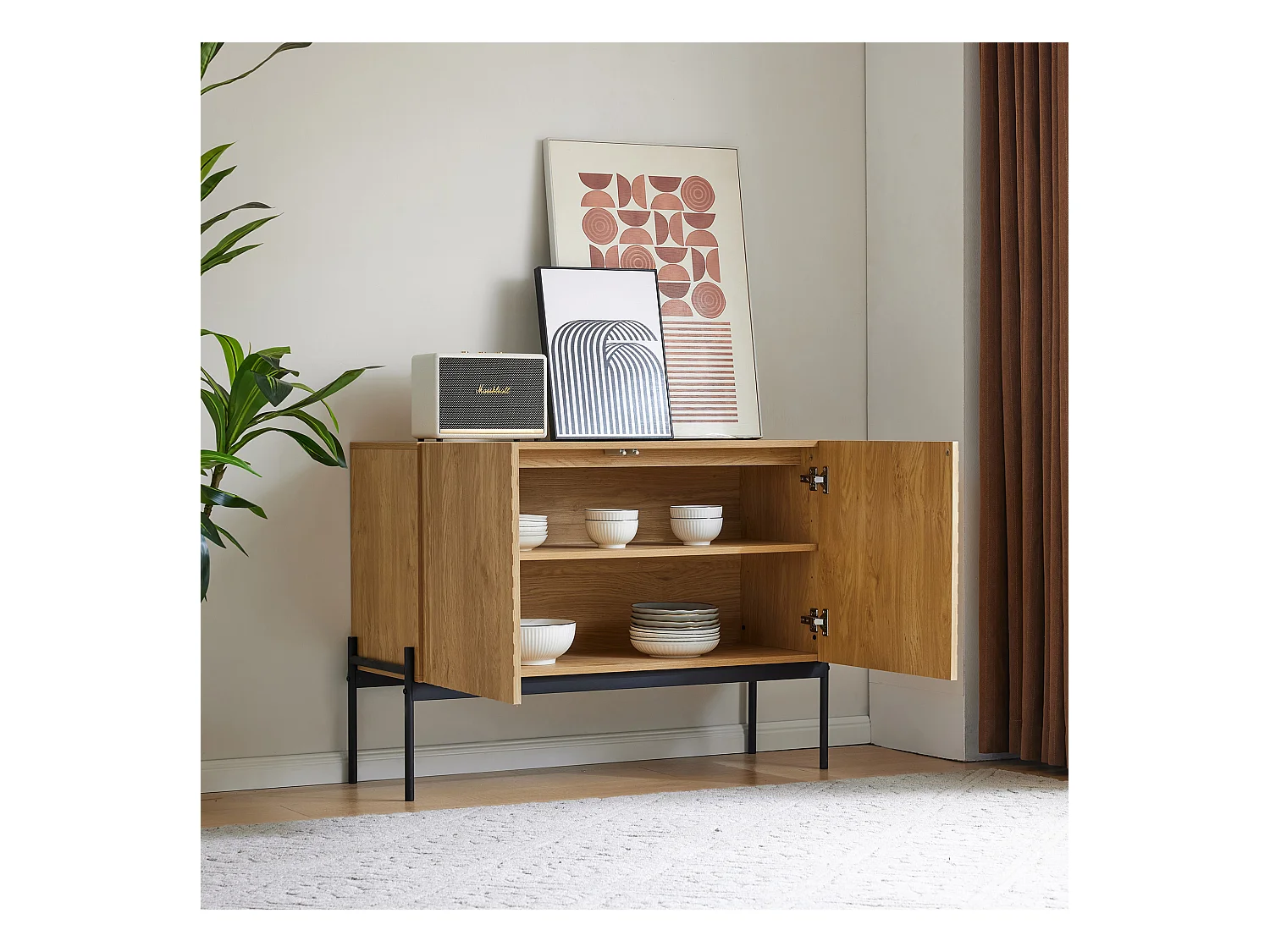 Ladekast met 2 deuren en 1 lade, minimalistisch design, in hout, zwart en naturel (100x40x75 cm)