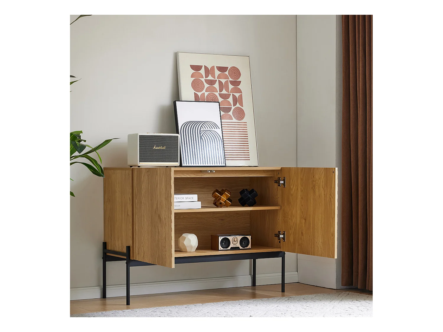 Ladekast met 2 deuren en 1 lade, minimalistisch design, in hout, zwart en naturel (100x40x75 cm)