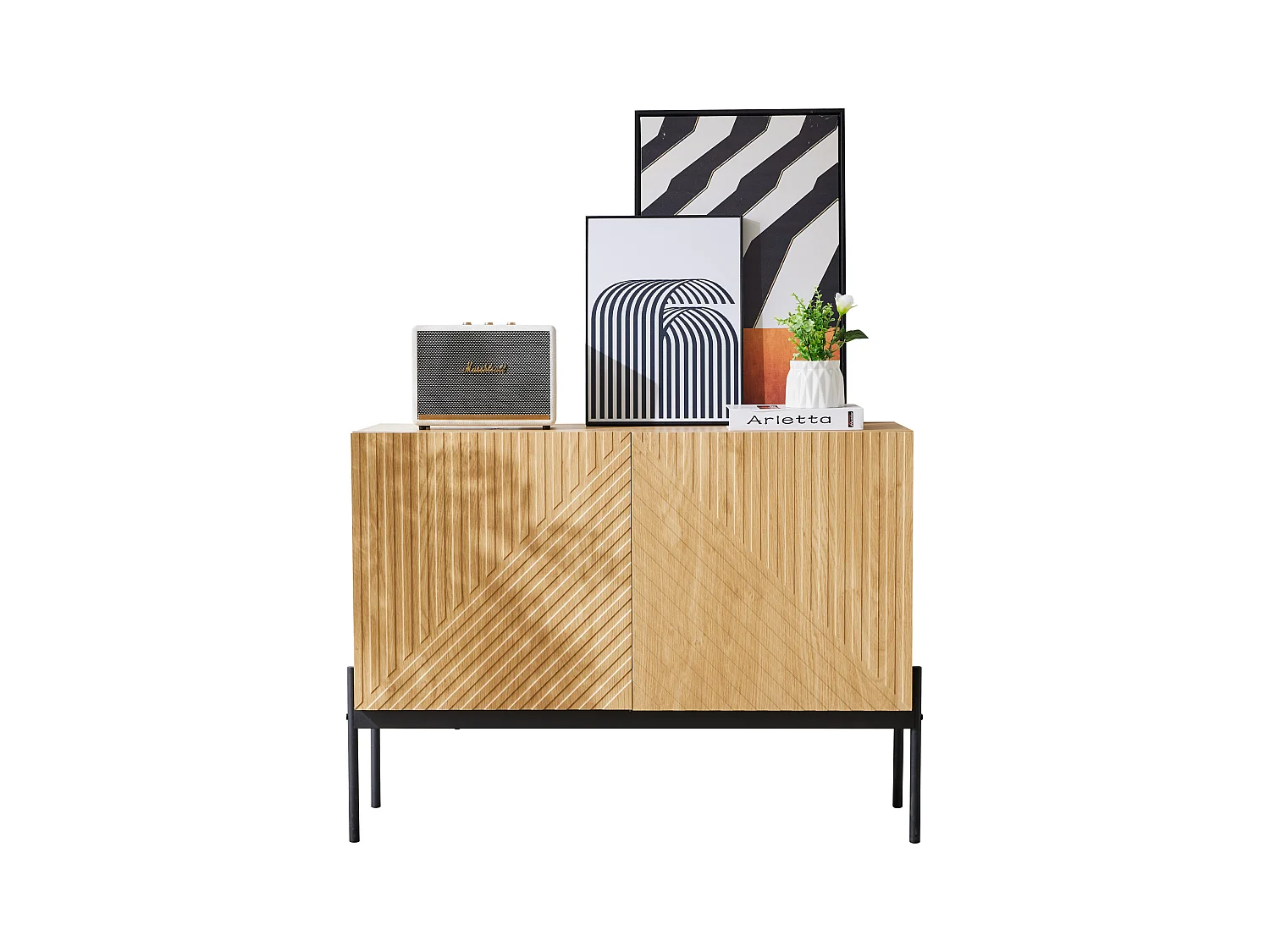 Ladekast met 2 deuren en 1 lade, minimalistisch design, in hout, zwart en naturel (100x40x75 cm)