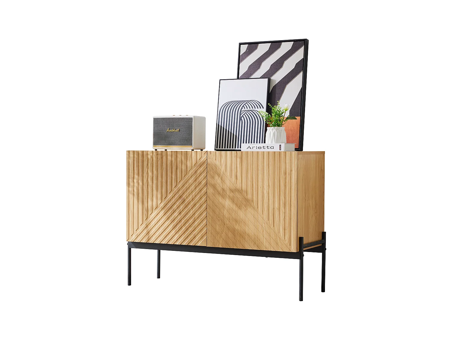 Ladekast met 2 deuren en 1 lade, minimalistisch design, in hout, zwart en naturel (100x40x75 cm)