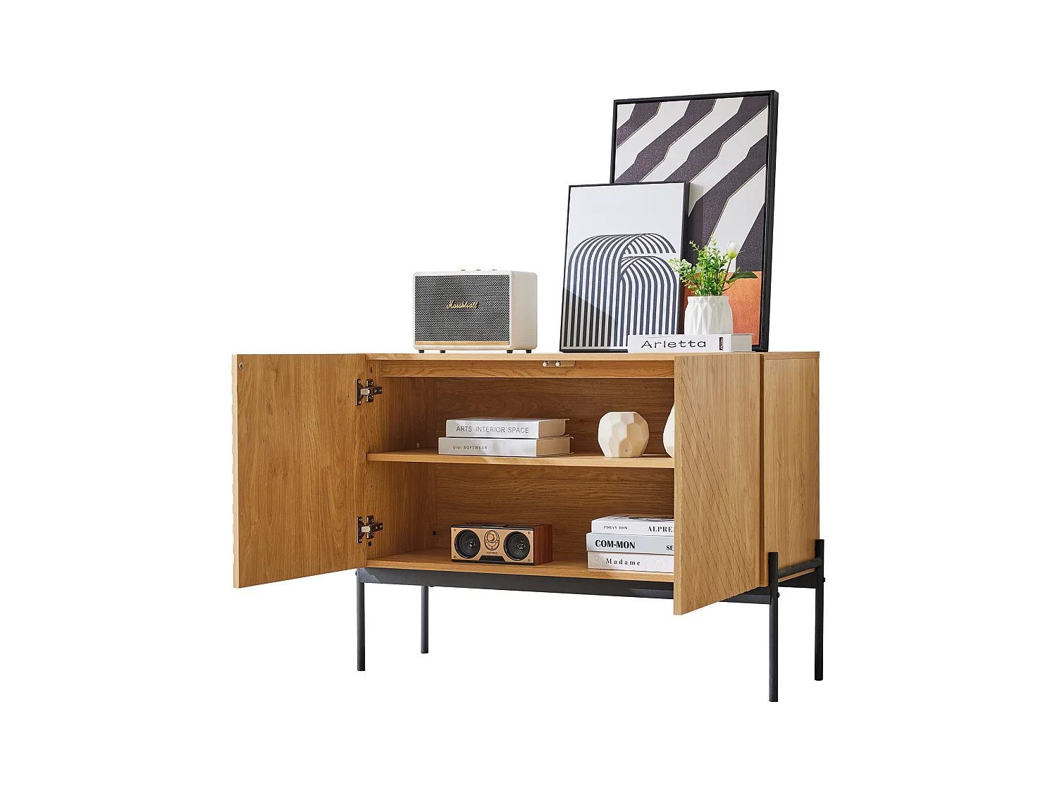 Ladekast met 2 deuren en 1 lade, minimalistisch design, in hout, zwart en naturel (100x40x75 cm)