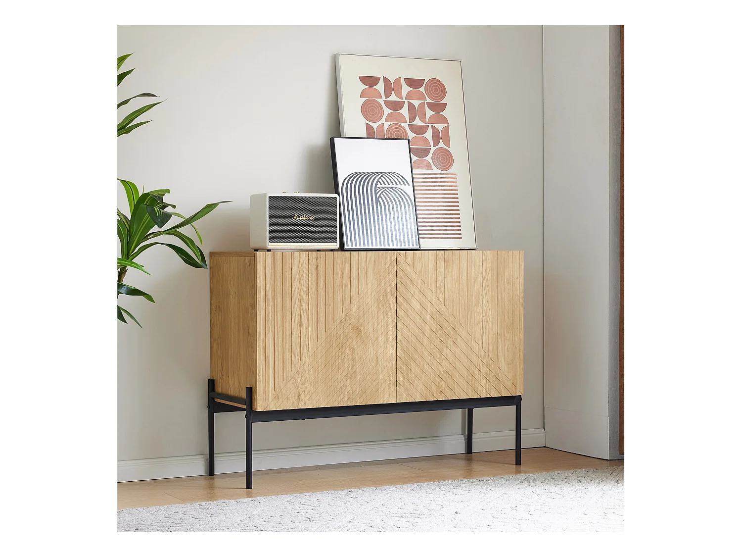 Commode avec 2 portes et 1 tiroir, design minimaliste, en bois, noir et naturel (100x40x75 cm)