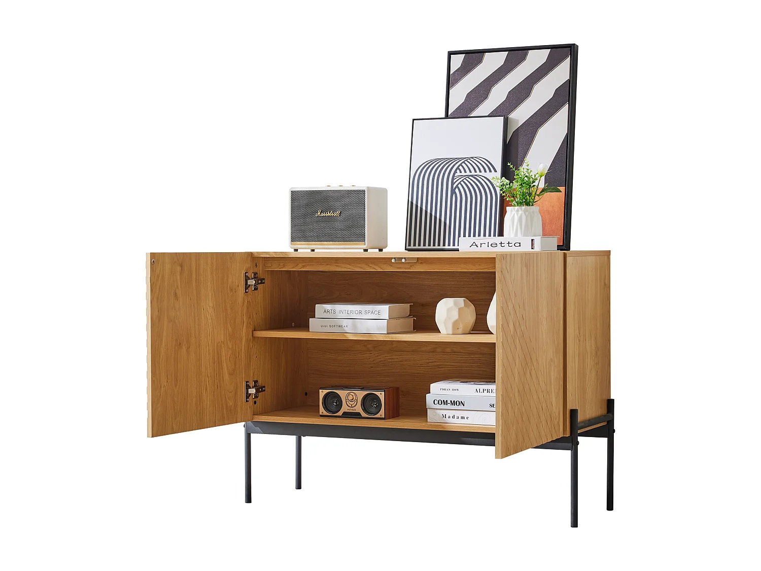 Commode avec 2 portes et 1 tiroir, design minimaliste, en bois, noir et naturel (100x40x75 cm)