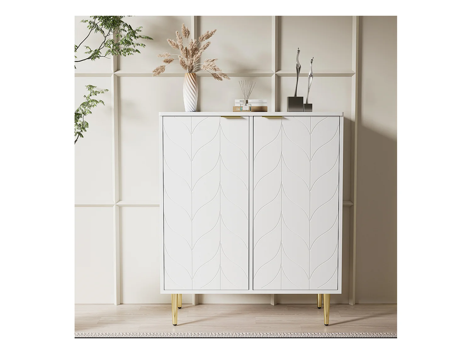 Commode avec design floral, pieds dorés, MDF, blanc, 2 portes, 6 compartiments, 3 étagères (127x45x75 cm)