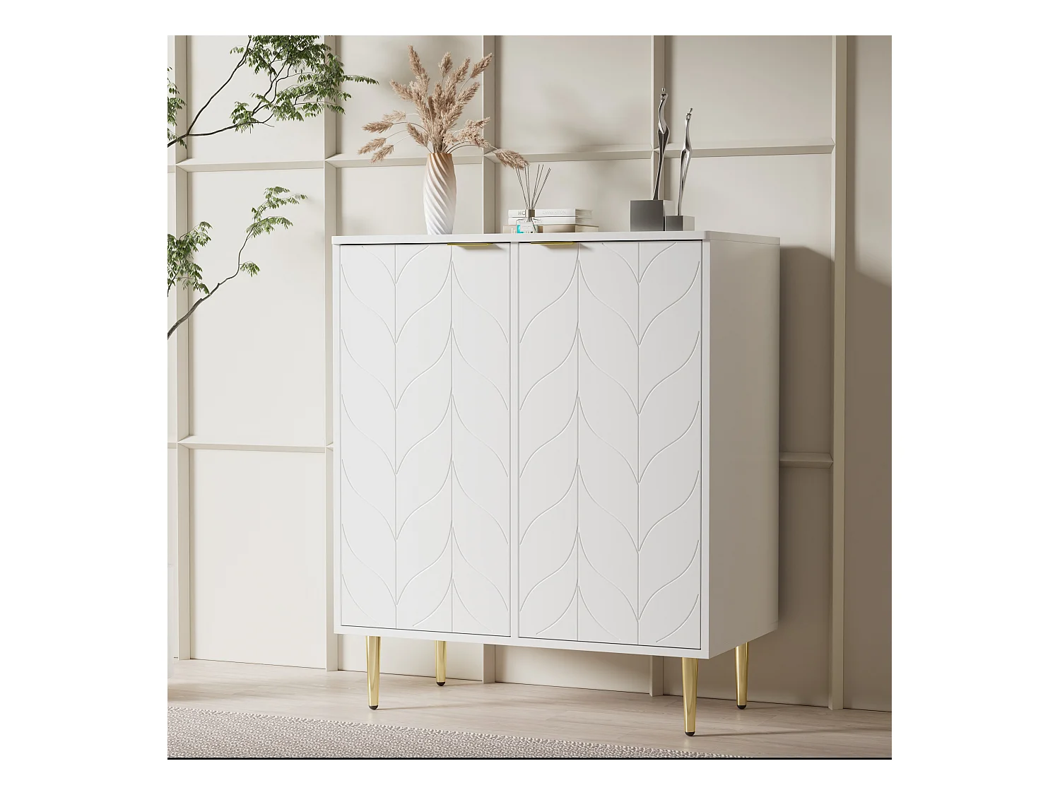 Commode avec design floral, pieds dorés, MDF, blanc, 2 portes, 6 compartiments, 3 étagères (127x45x75 cm)