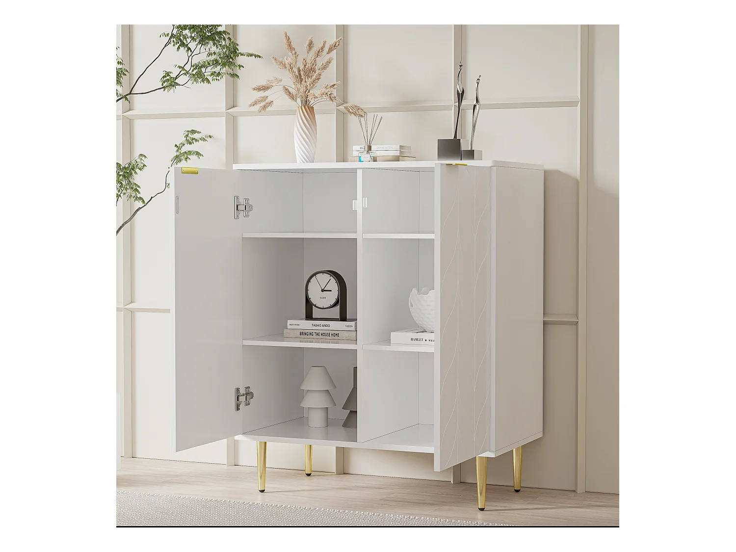 Commode avec design floral, pieds dorés, MDF, blanc, 2 portes, 6 compartiments, 3 étagères (127x45x75 cm)