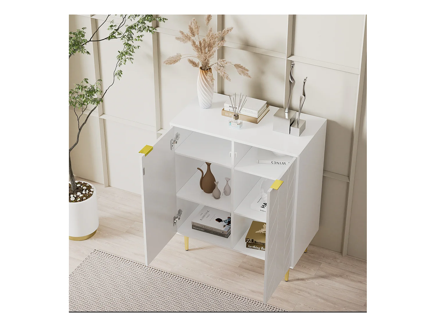 Commode avec design floral, pieds dorés, MDF, blanc, 2 portes, 6 compartiments, 3 étagères (127x45x75 cm)