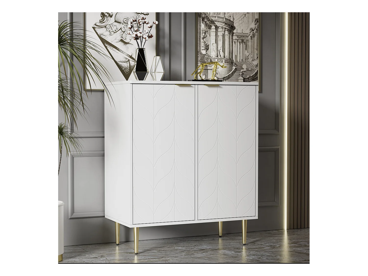 Commode avec design floral, pieds dorés, MDF, blanc, 2 portes, 6 compartiments, 3 étagères (127x45x75 cm)