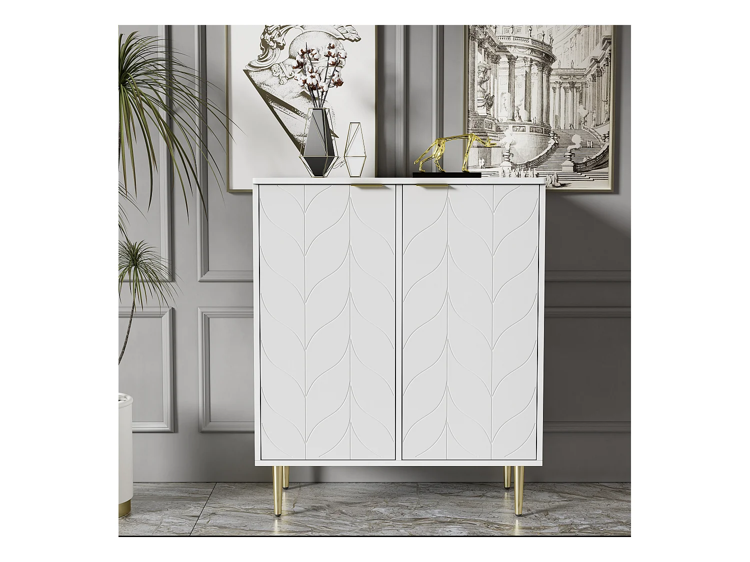 Commode avec design floral, pieds dorés, MDF, blanc, 2 portes, 6 compartiments, 3 étagères (127x45x75 cm)