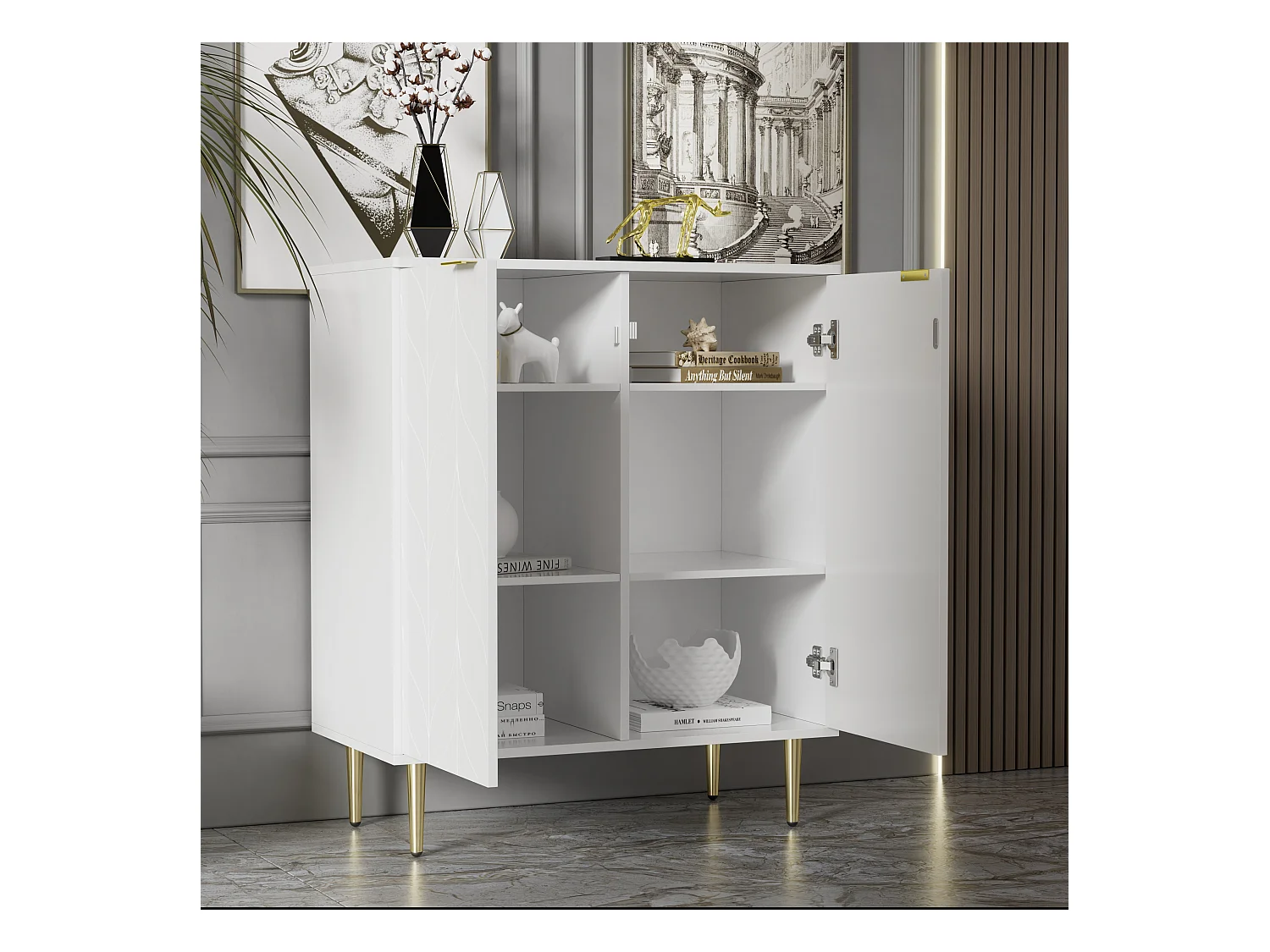 Commode avec design floral, pieds dorés, MDF, blanc, 2 portes, 6 compartiments, 3 étagères (127x45x75 cm)