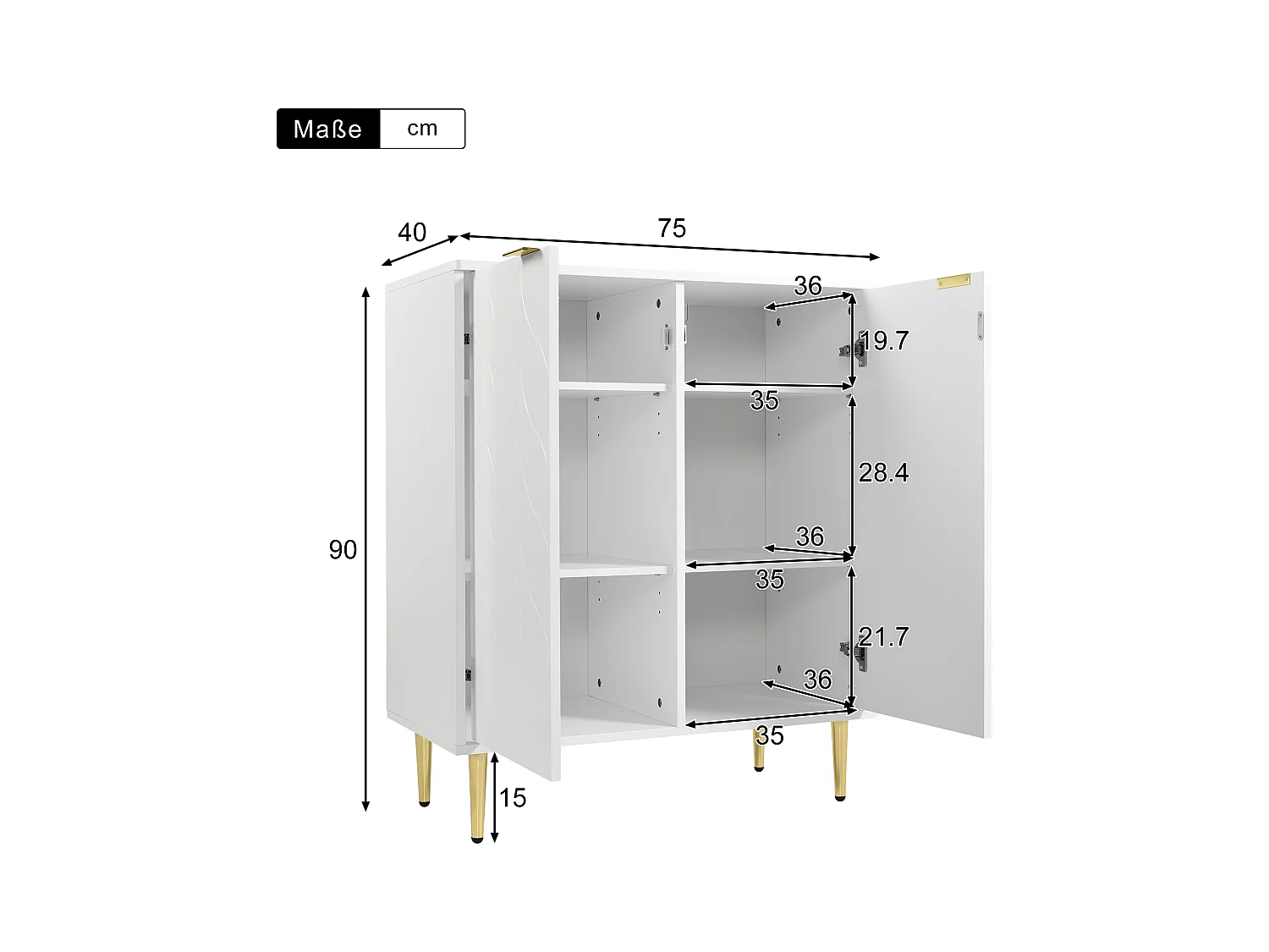 Ladekast met bloemenmotief, gouden poten, MDF, wit, 2 deuren, 6 vakken, 3 legplanken (127x45x75 cm)