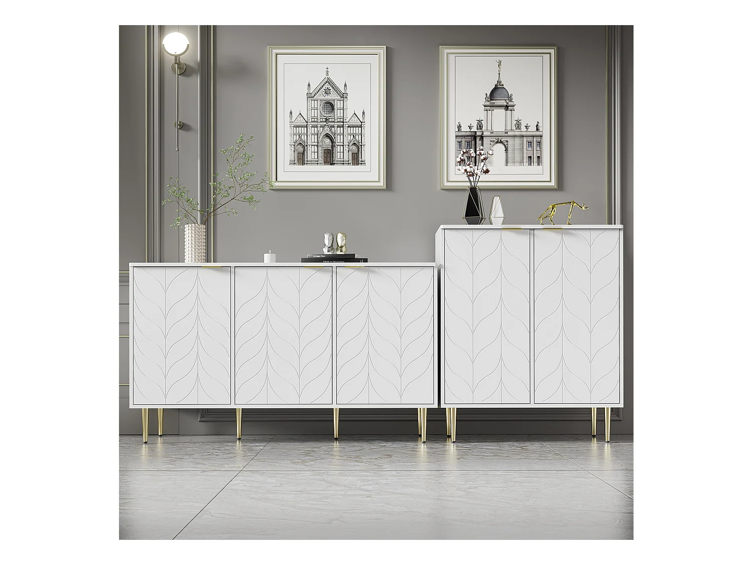 Ladekast met bloemenmotief, gouden poten, MDF, wit, 2 deuren, 6 vakken, 3 legplanken (127x45x75 cm)