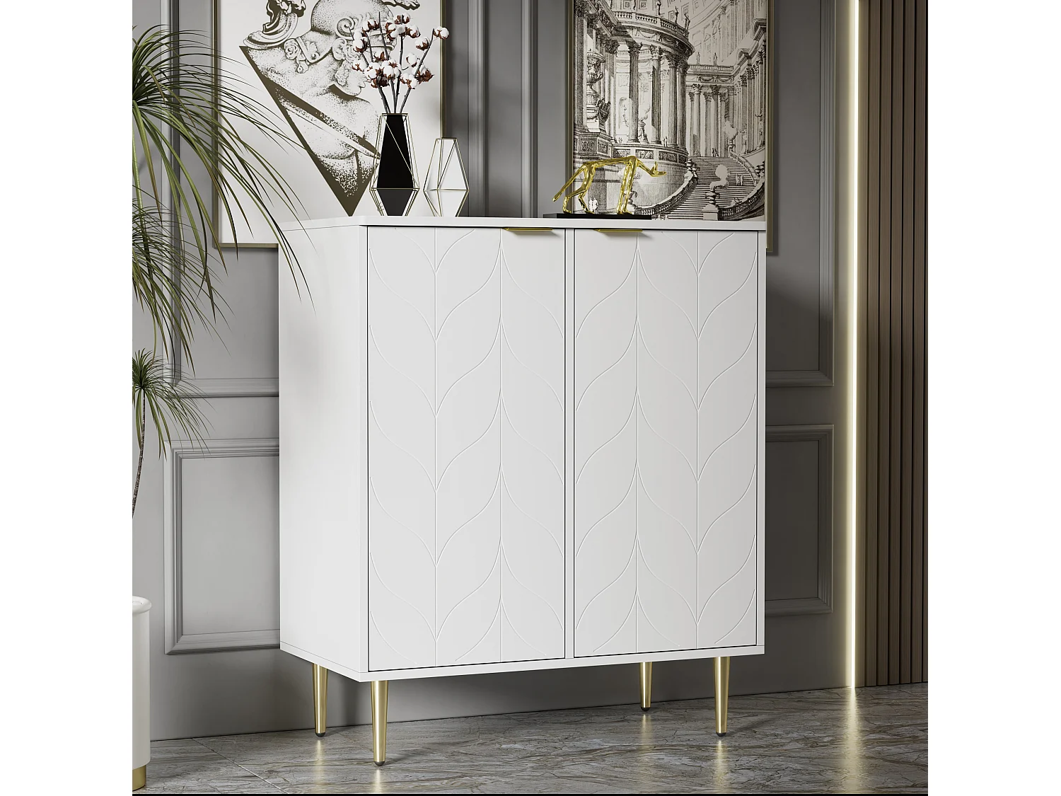 Commode avec design floral, pieds dorés, MDF, blanc, 2 portes, 6 compartiments, 3 étagères (127x45x75 cm)