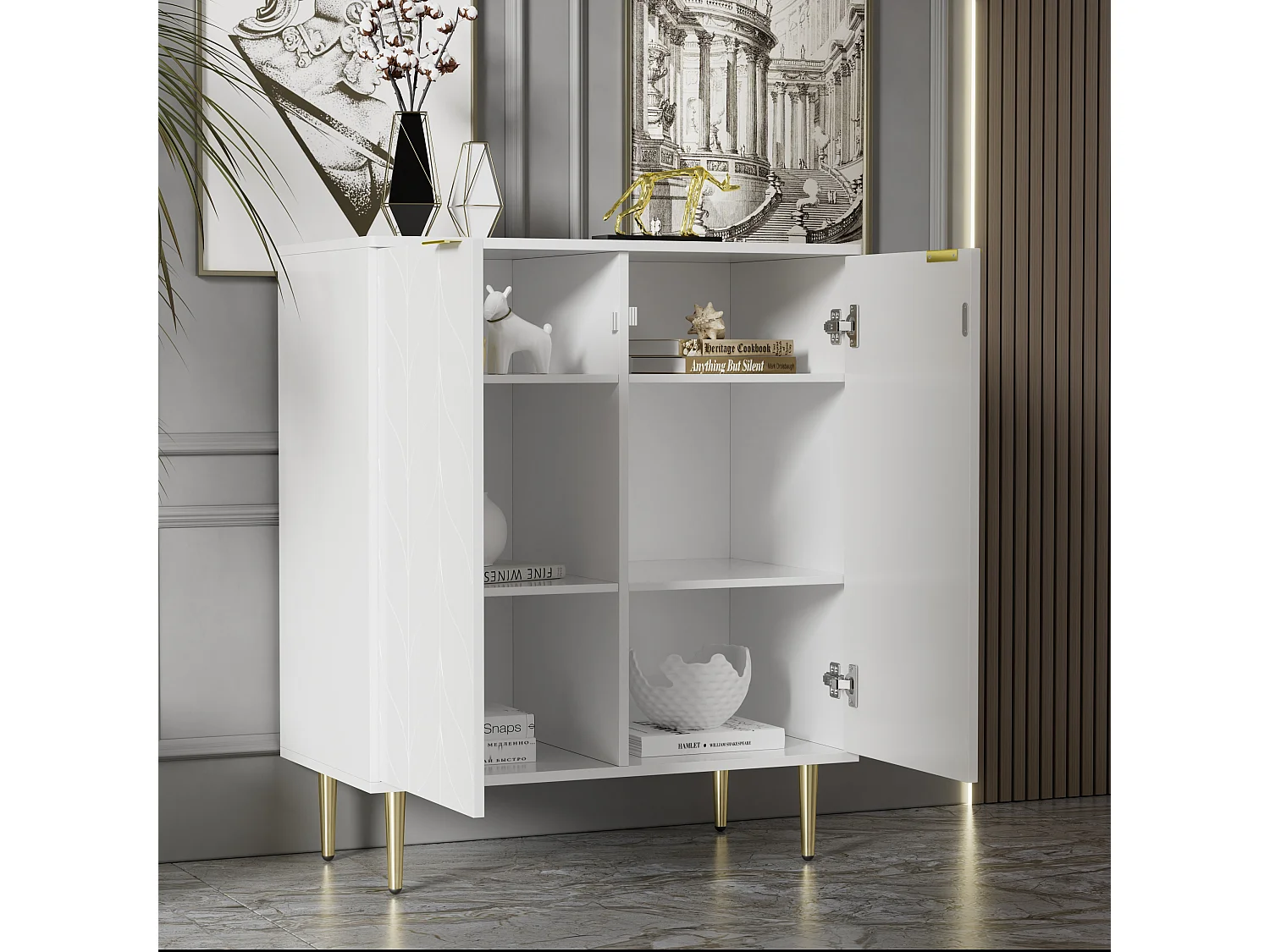 Commode avec design floral, pieds dorés, MDF, blanc, 2 portes, 6 compartiments, 3 étagères (127x45x75 cm)