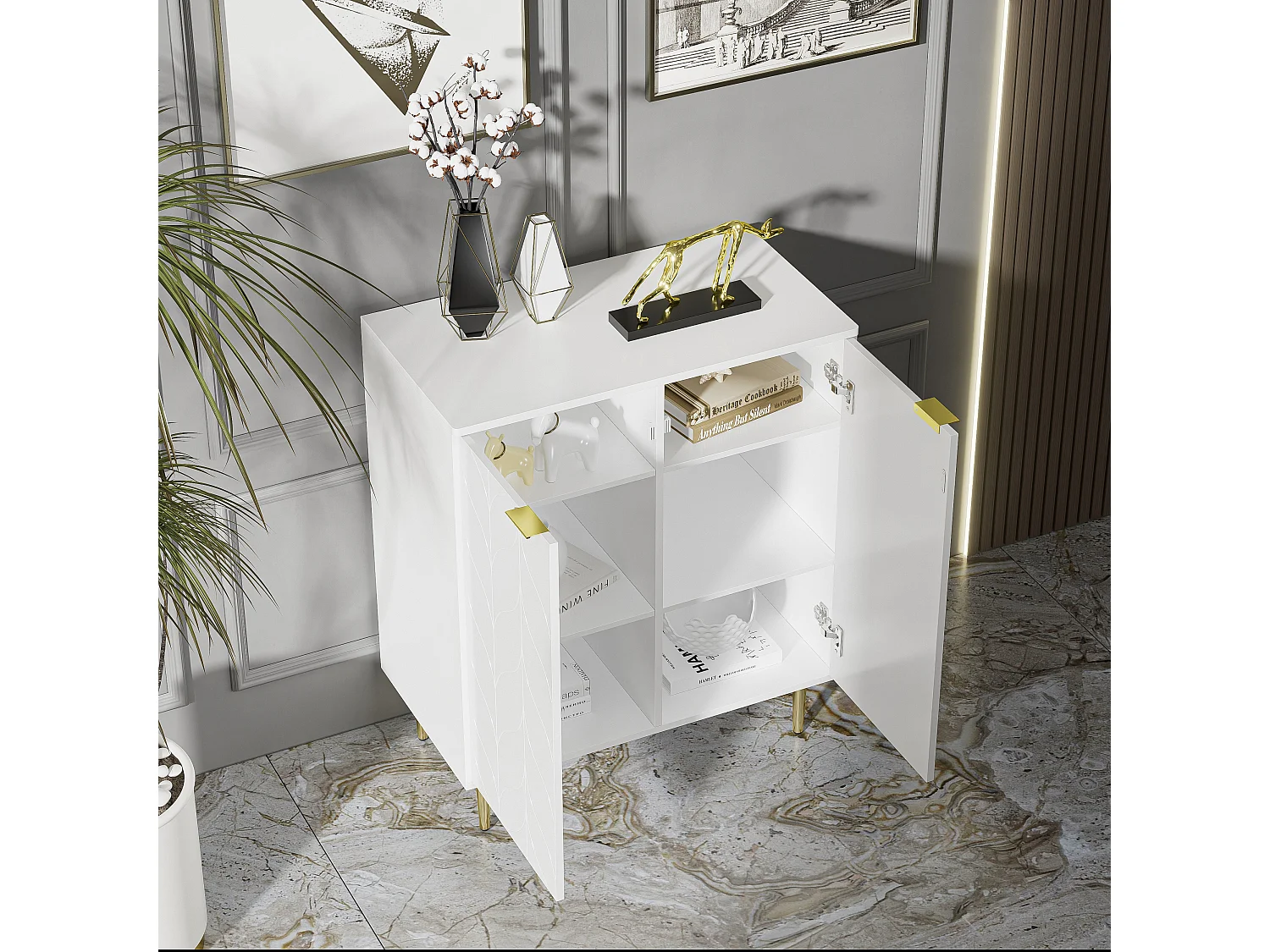 Commode avec design floral, pieds dorés, MDF, blanc, 2 portes, 6 compartiments, 3 étagères (127x45x75 cm)