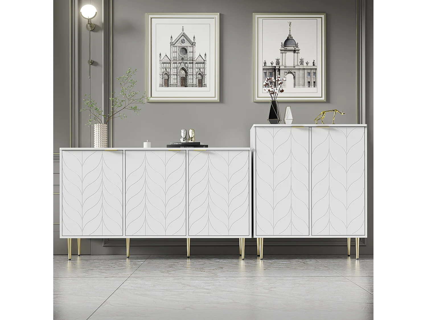 Commode avec design floral, pieds dorés, MDF, blanc, 2 portes, 6 compartiments, 3 étagères (127x45x75 cm)