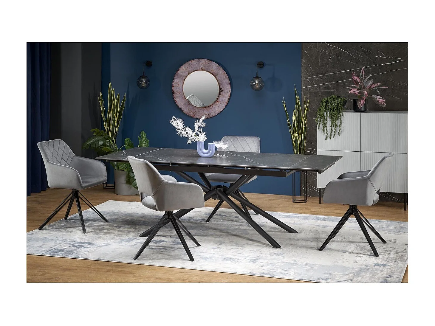 Esstisch Vitorino (90x160-220)/Erweiterbar/Gesinternter Stein/Schwarz