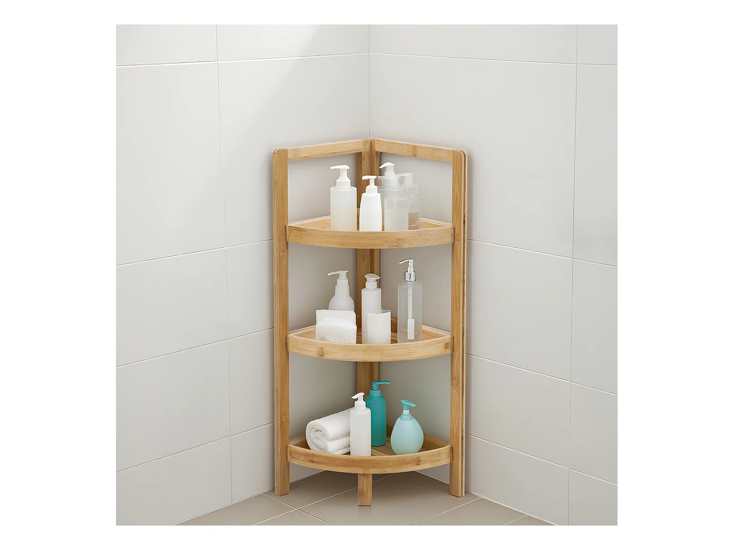 SVITA KULMA étagère d'angle en bambou, étagère de salle de bain à trois niveaux, étroite, en bambou, pour salle de bain et cuisine