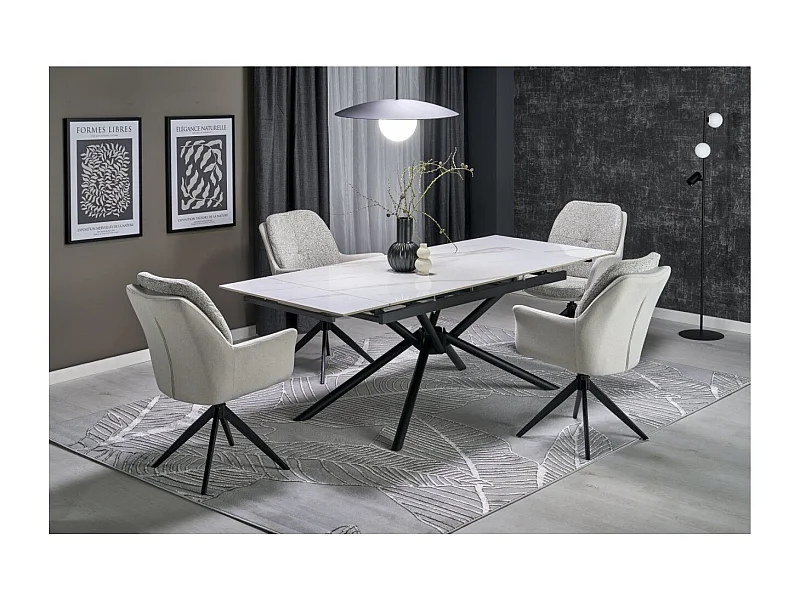 Table à manger Vitorino (90x160-220)/Extensible/Pierre frittée/Blanc