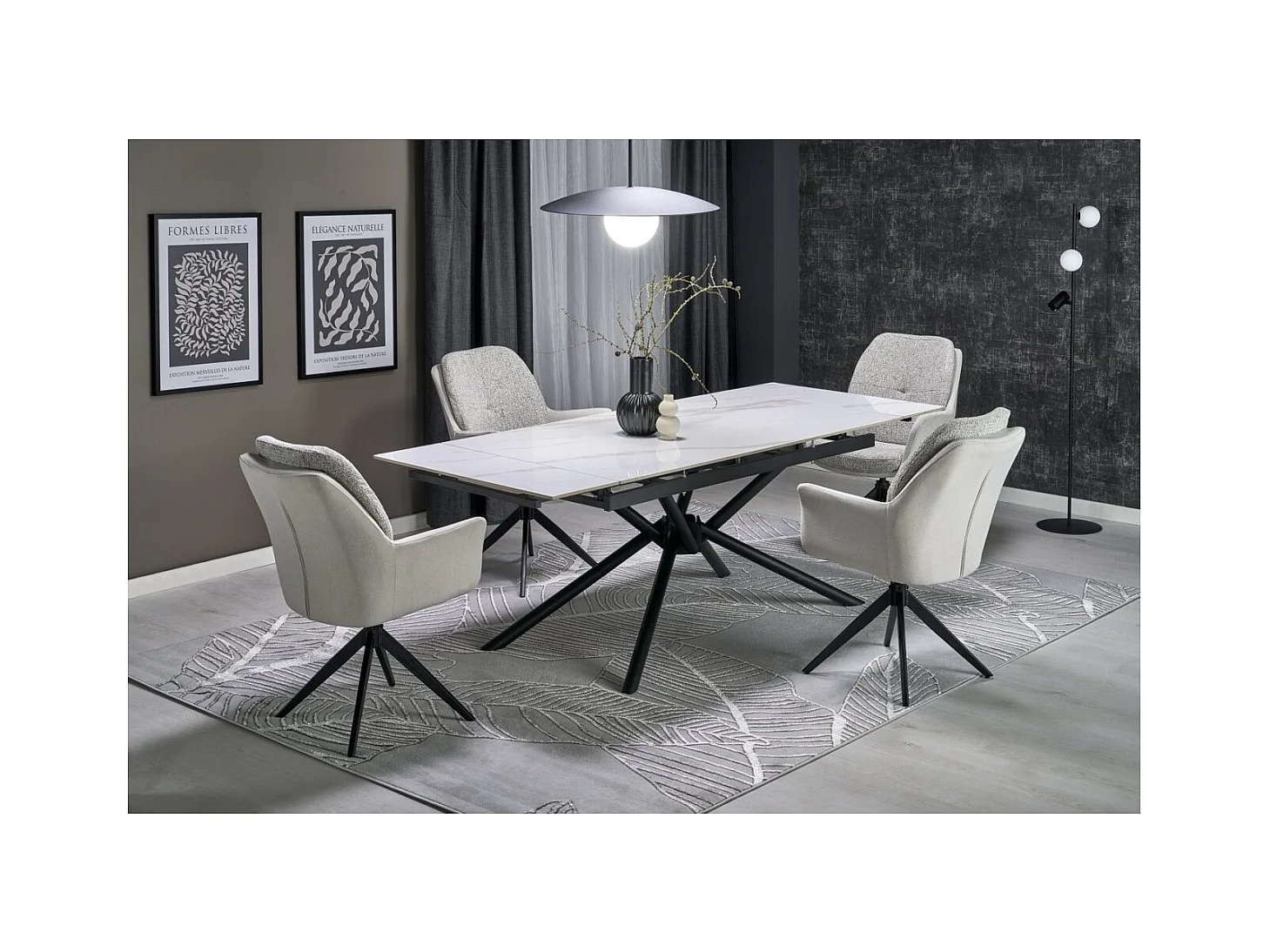 Table à manger Vitorino (90x160-220)/Extensible/Pierre frittée/Blanc