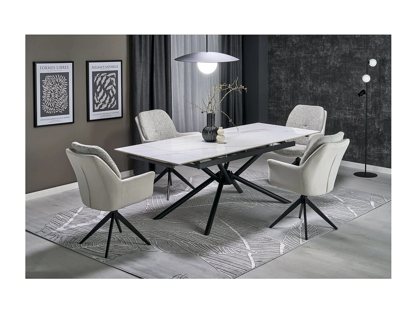 Table à manger Vitorino (90x160-220)/Extensible/Pierre frittée/Blanc