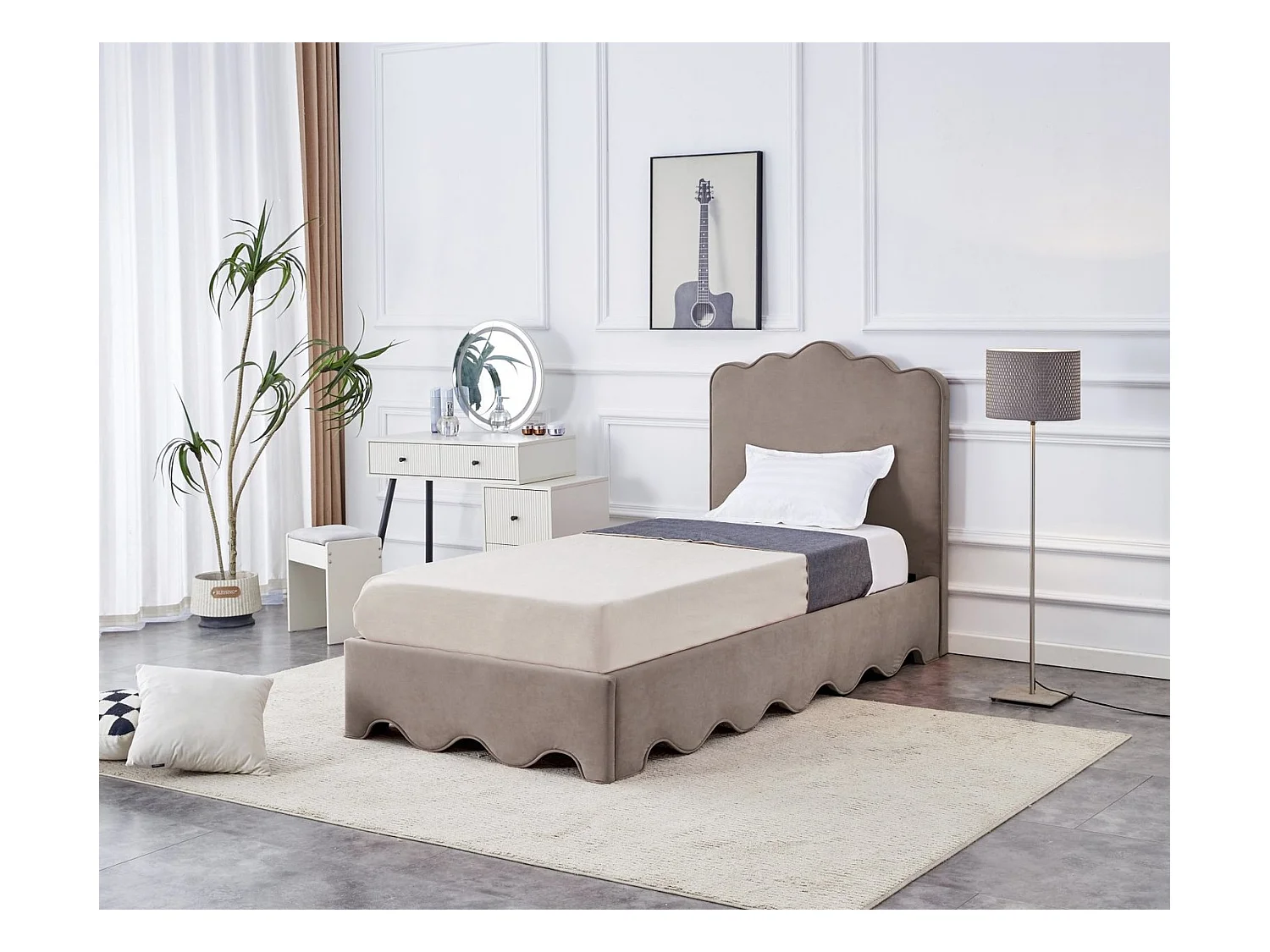 Lit Orso S (90x200)/tissu velours/Beige