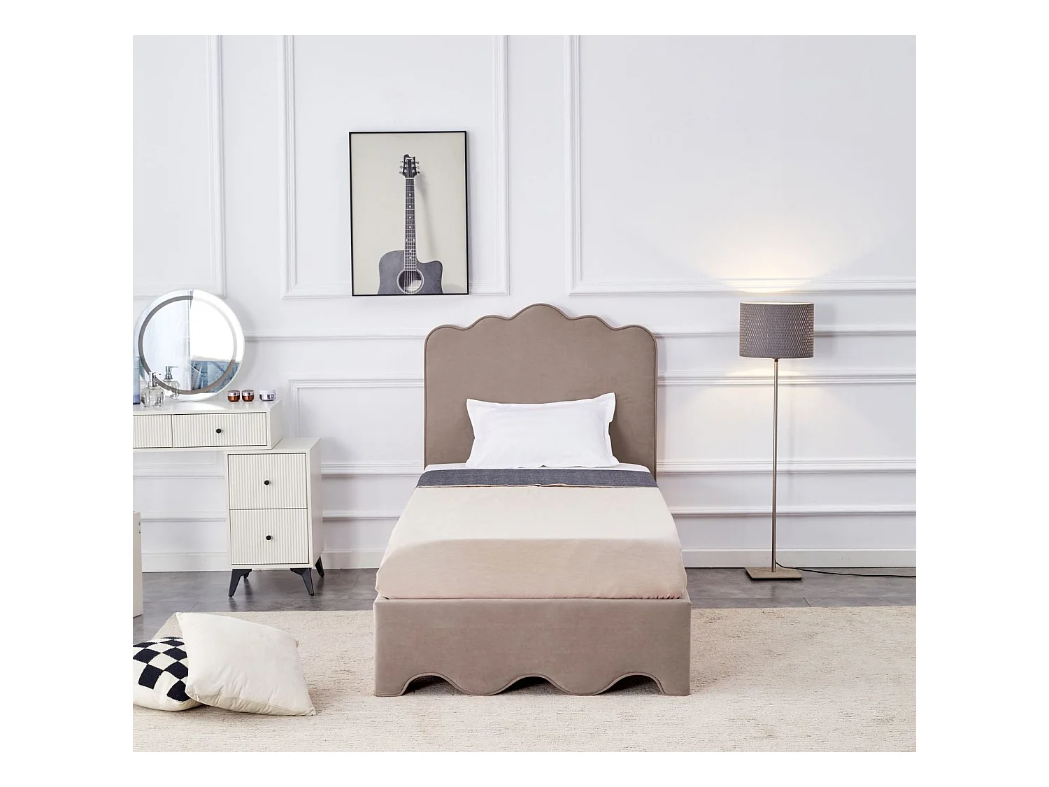 Lit Orso S (90x200)/tissu velours/Beige