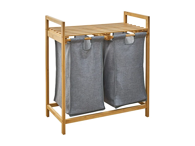 SVITA SULA Panier à linge Collecteur de linge Coffre à linge 2 compartiments avec étagère Bambou Gris