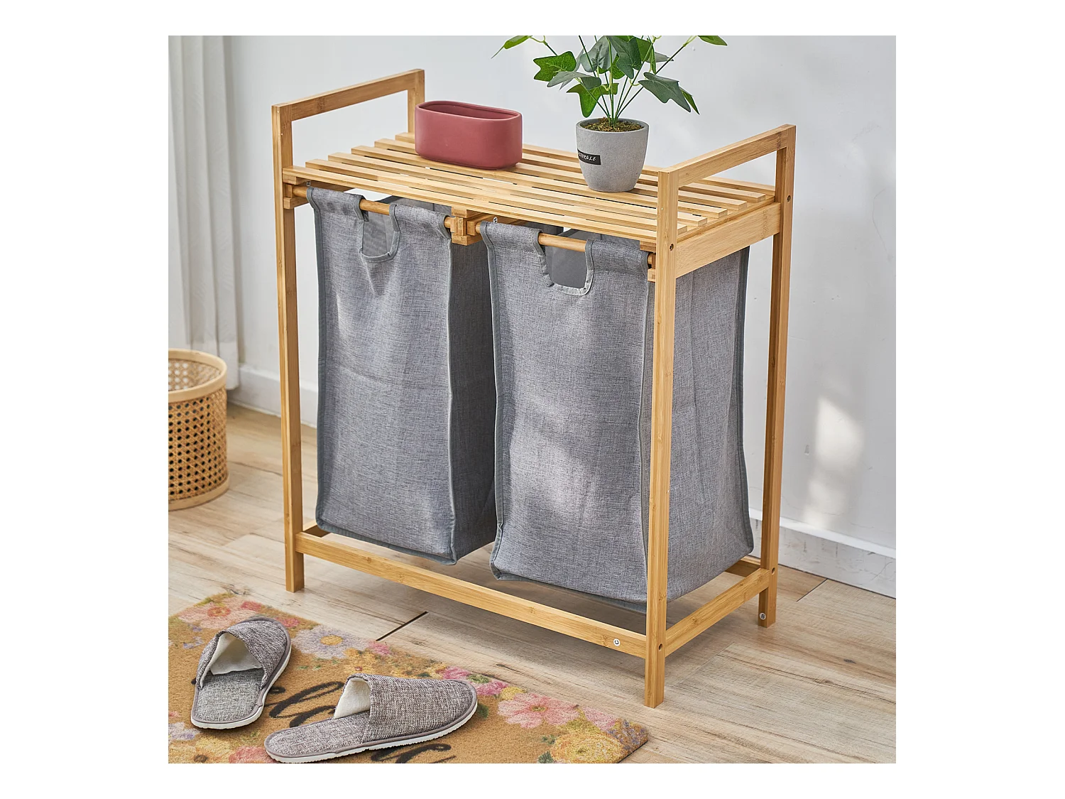 SVITA SULA Panier à linge Collecteur de linge Coffre à linge 2 compartiments avec étagère Bambou Gris