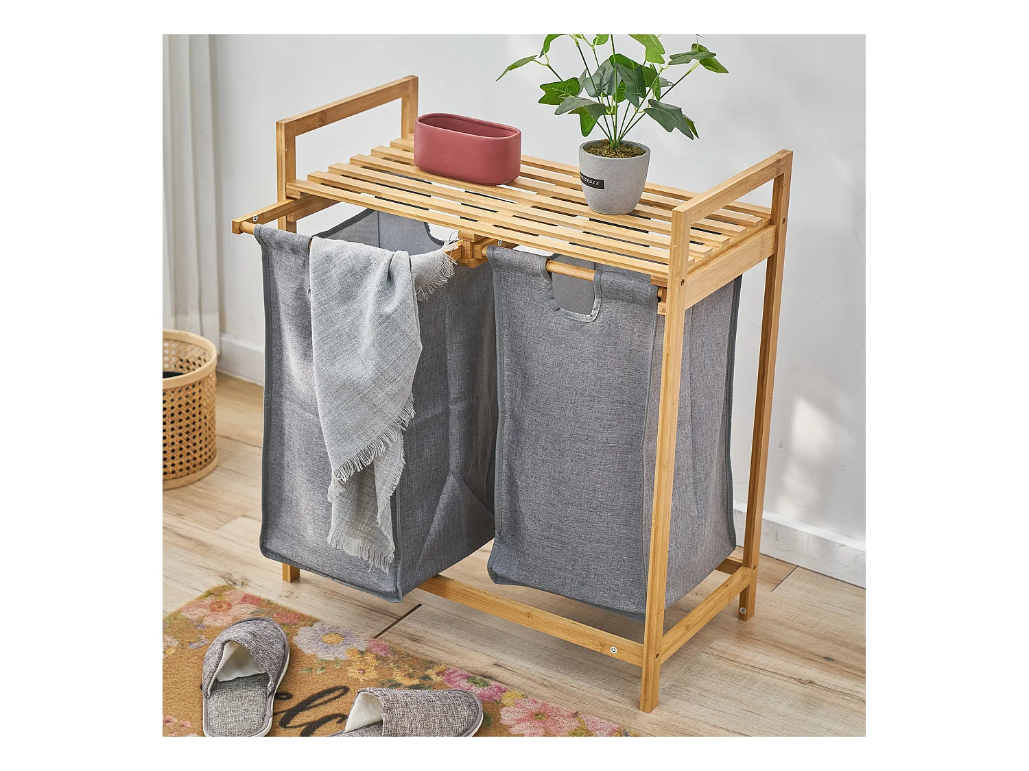 SVITA SULA Panier à linge Collecteur de linge Coffre à linge 2 compartiments avec étagère Bambou Gris