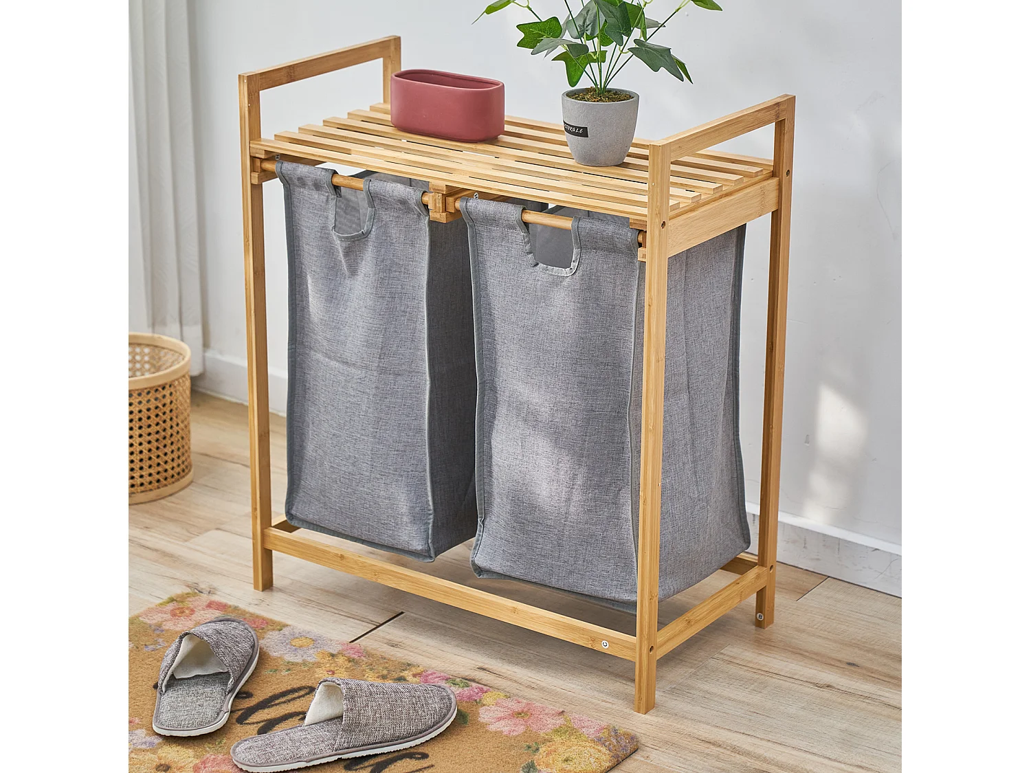 SVITA SULA Panier à linge Collecteur de linge Coffre à linge 2 compartiments avec étagère Bambou Gris