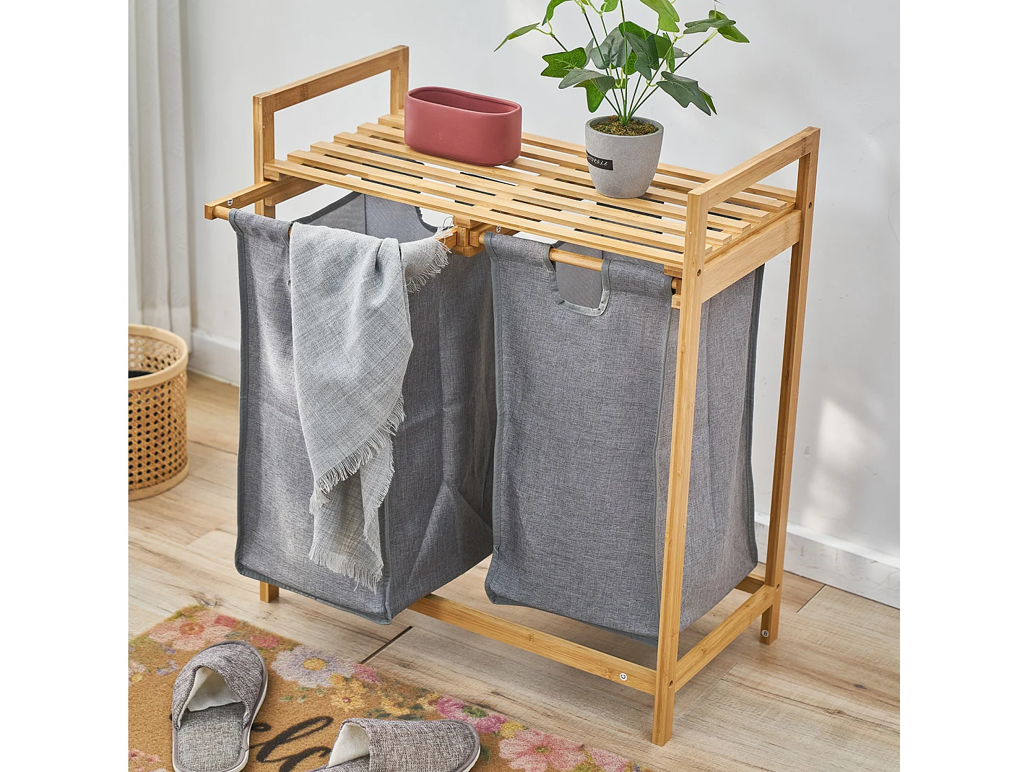 SVITA SULA Panier à linge Collecteur de linge Coffre à linge 2 compartiments avec étagère Bambou Gris