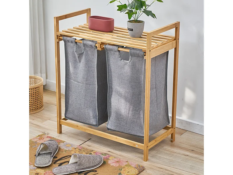 SVITA SULA Panier à linge Collecteur de linge Coffre à linge 2 compartiments avec étagère Bambou Gris