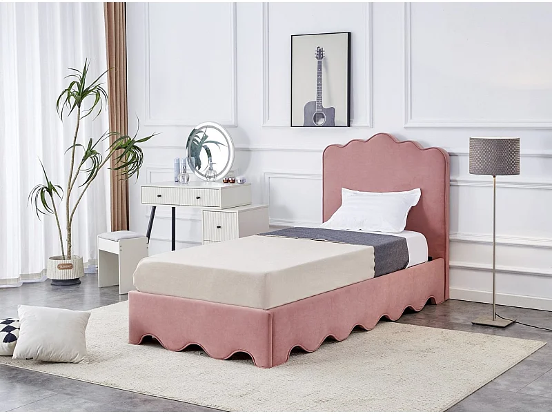 Lit Orso S (90x200)/tissu velours/Rose