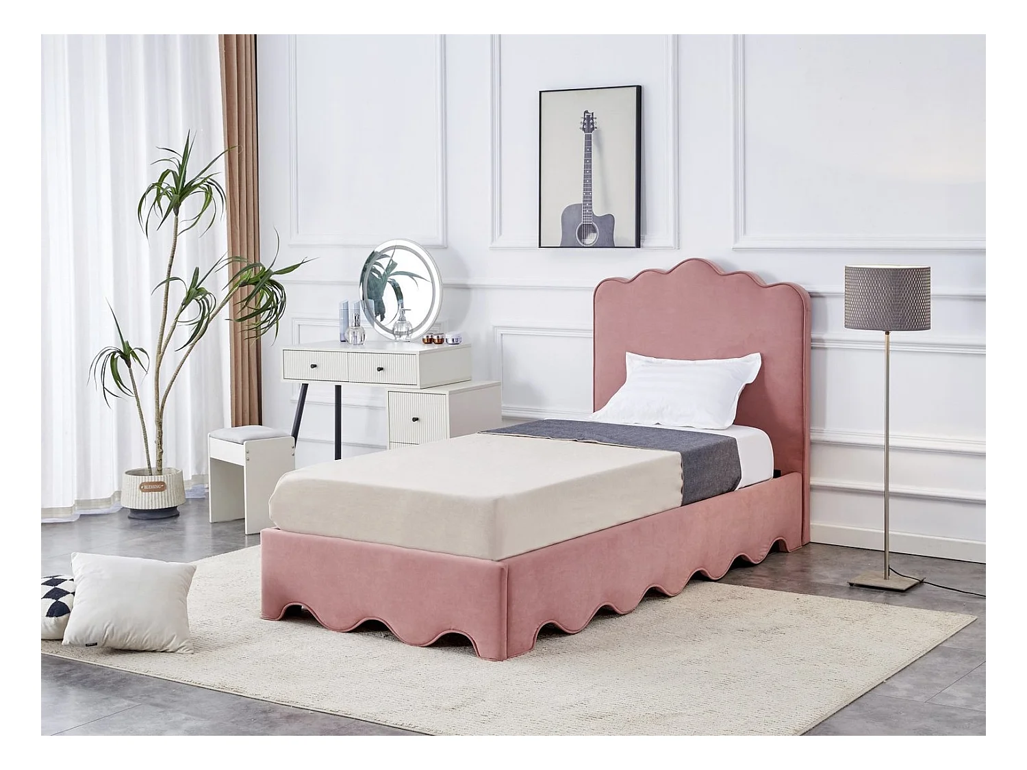 Lit Orso S (90x200)/tissu velours/Rose