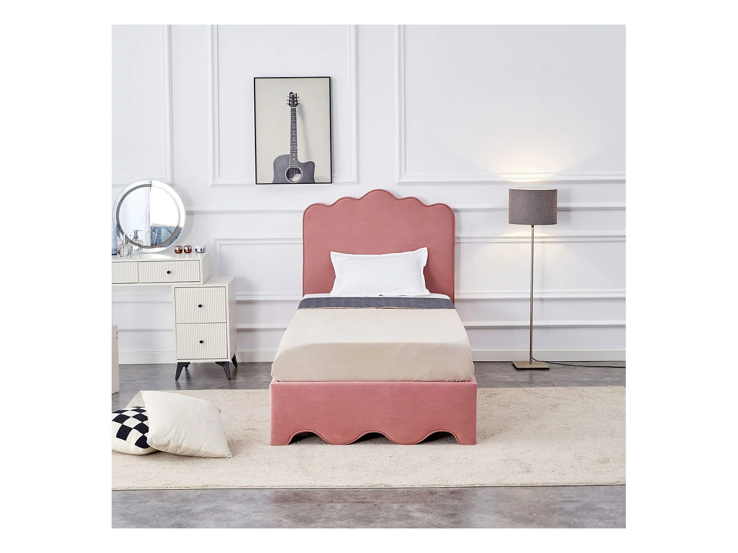 Lit Orso S (90x200)/tissu velours/Rose