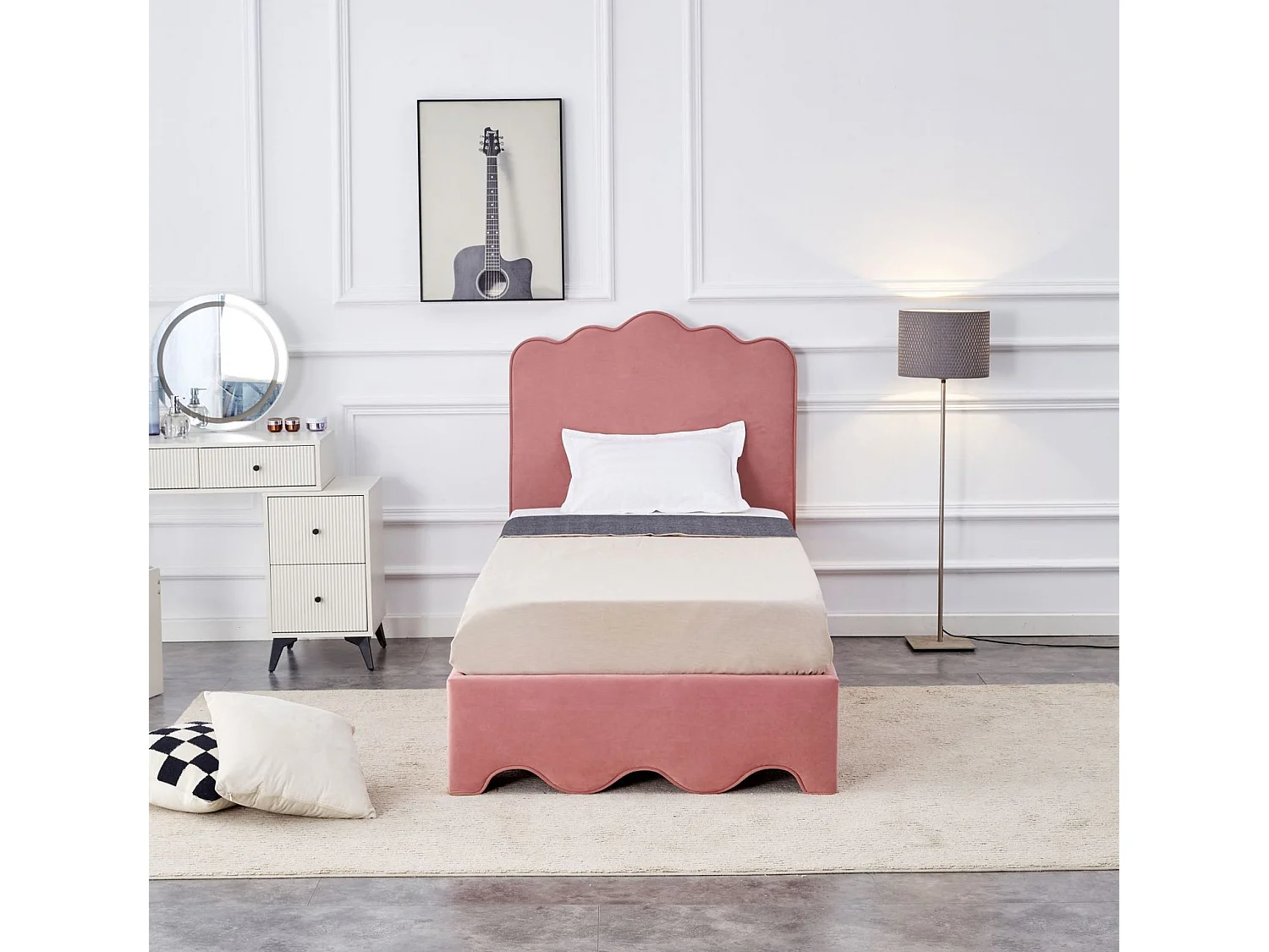 Lit Orso S (90x200)/tissu velours/Rose