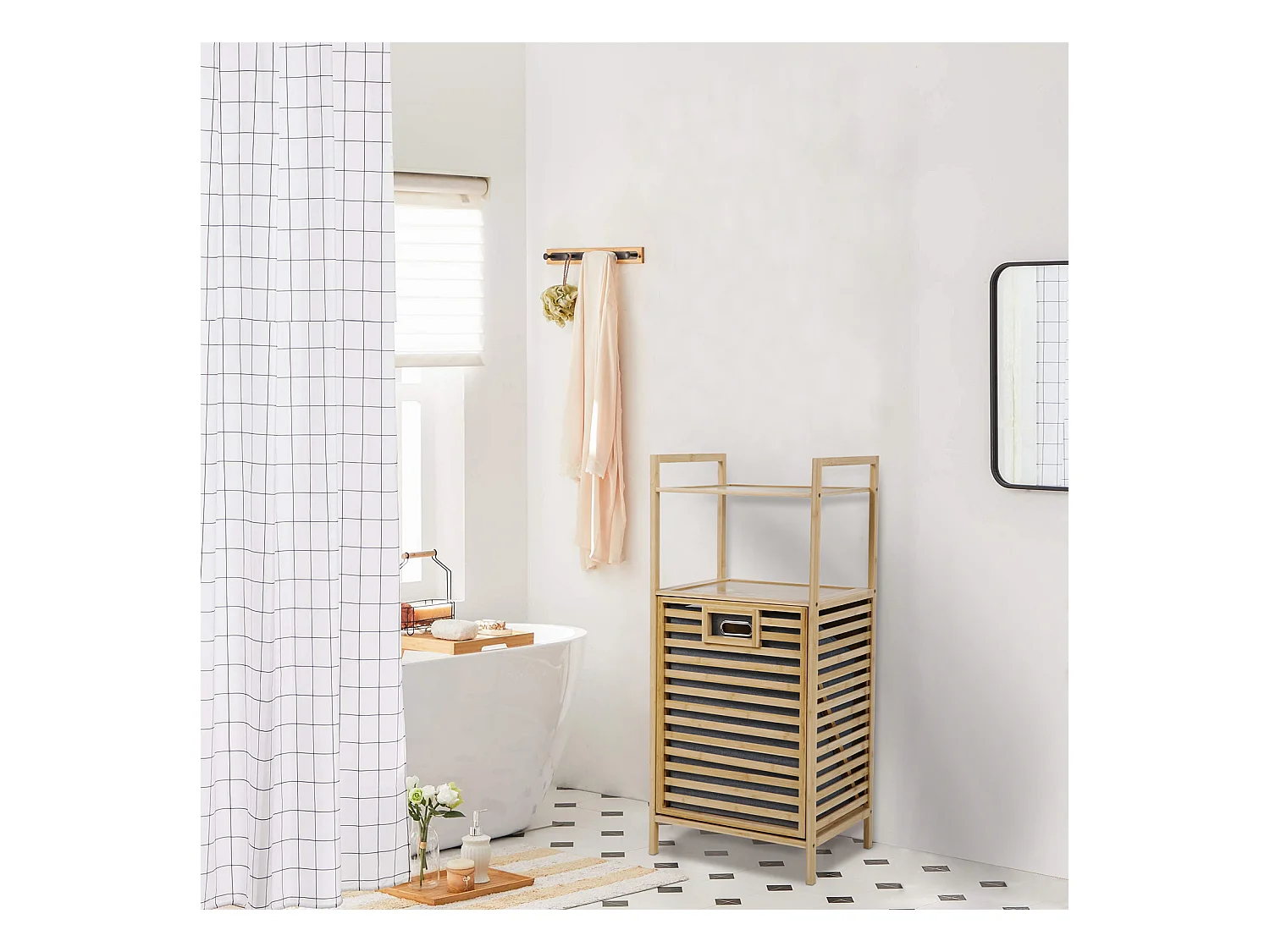 SVITA PUVI 2in1 Étagère de salle de bain avec panier à linge Étagère de salle de bain pour le linge sale Bambou
