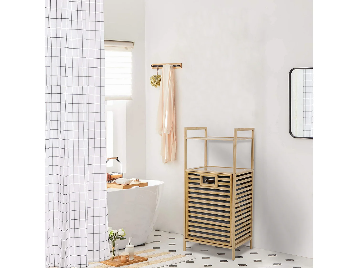SVITA PUVI 2in1 Étagère de salle de bain avec panier à linge Étagère de salle de bain pour le linge sale Bambou