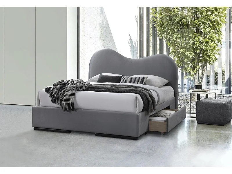 Letto Ambeer M (160x200)/cassetti/tessuto velluto/grigio