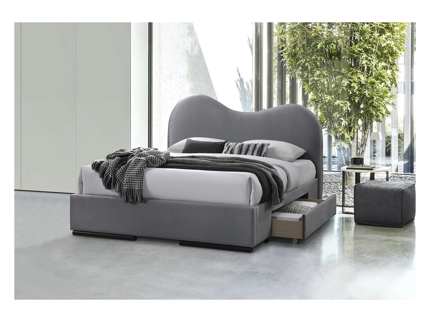 Bett Ambeer M (160x200)/Schubladen/Samtstoff/Grau