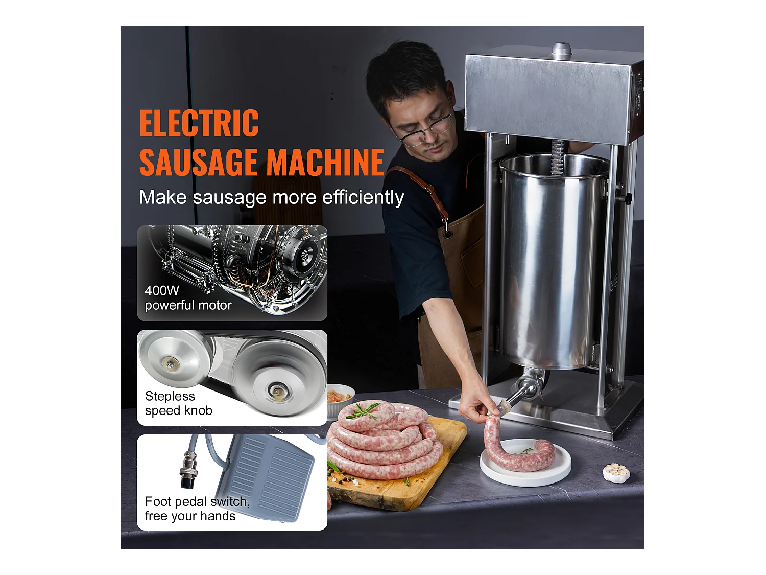 Empujador de Salchichas Eléctrico SucceBuy, Empujador de Carne Vertical 25 L, Acero Inoxidable, para Aplicaciones Comerciales en Supermercados, Restaurantes