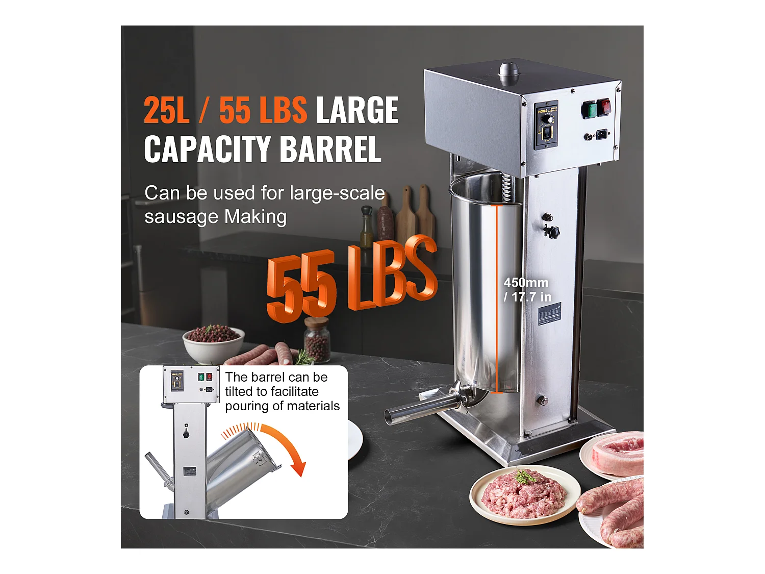 Empujador de Salchichas Eléctrico SucceBuy, Empujador de Carne Vertical 25 L, Acero Inoxidable, para Aplicaciones Comerciales en Supermercados, Restaurantes