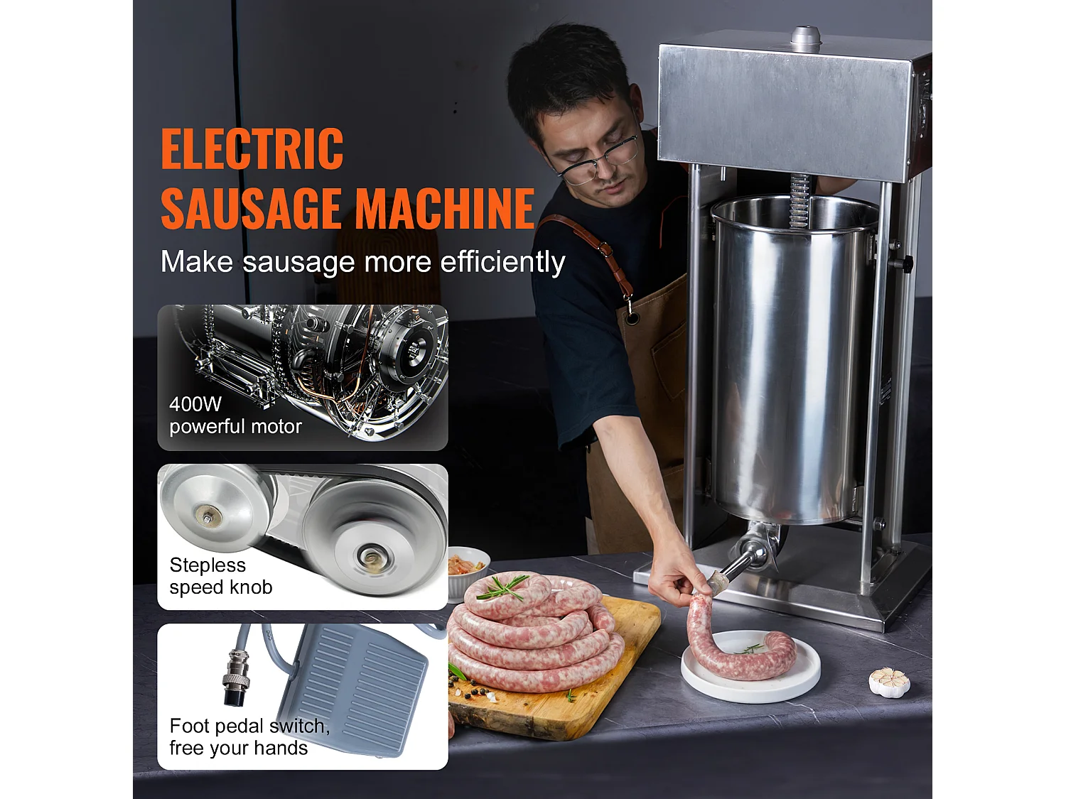 Poussoir à Saucisses Électrique SucceBuy, Poussoir à Viande Vertical 25 L, Acier Inoxydable, pour les Applications Commerciales dans les Supermarchés, Restaurants