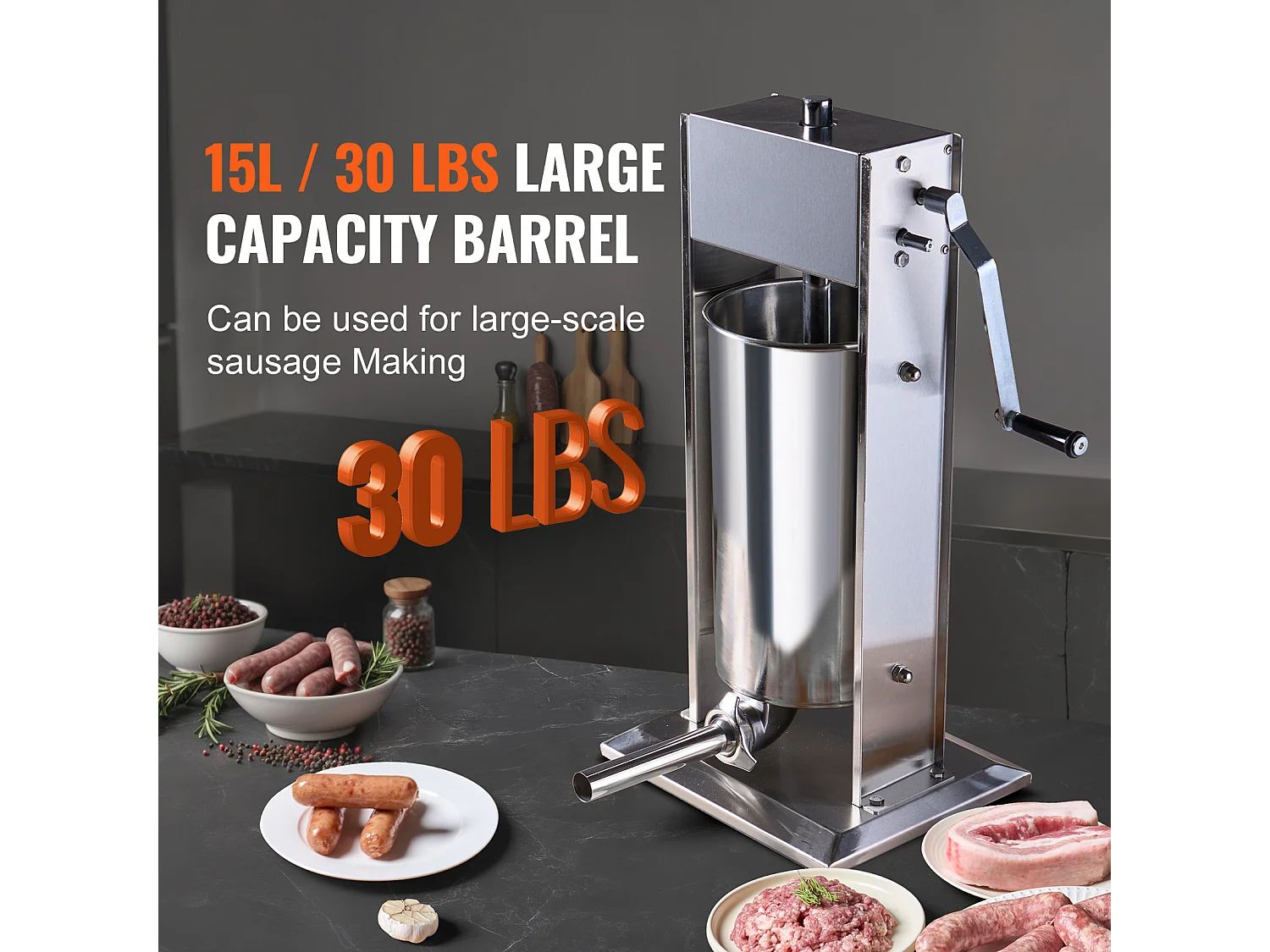 Poussoir à Saucisses Manuel SucceBuy, 15 L / 30 lbs, Acier Inoxydable, pour les Applications Commerciales dans les Supermarchés, les Restaurants