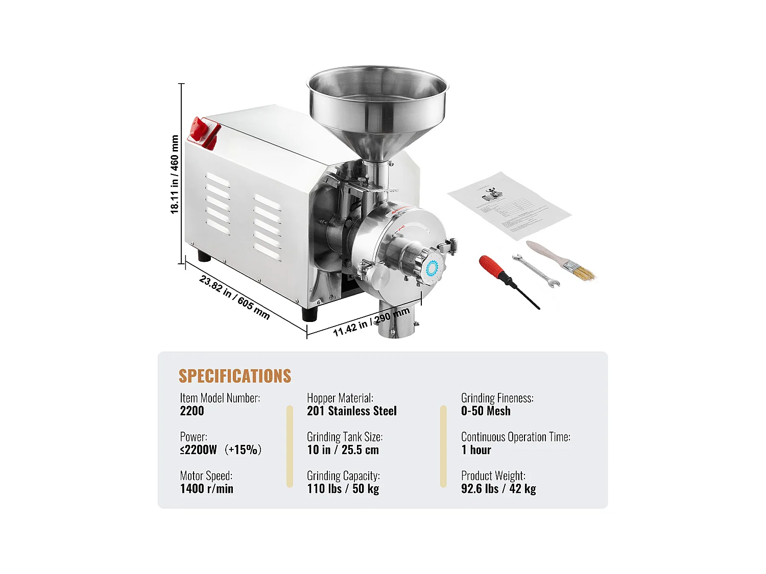 Graanmolen SucceBuy 2200 W, Maismolen 50 KG/H Rvs voor Peper Soja Pinda Maïskorrels Maalmeel