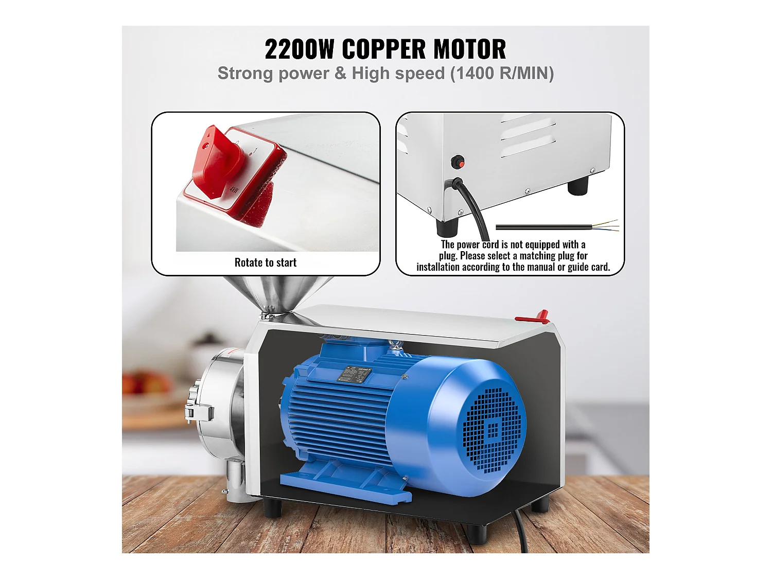 Graanmolen SucceBuy 2200 W, Maismolen 50 KG/H Rvs voor Peper Soja Pinda Maïskorrels Maalmeel