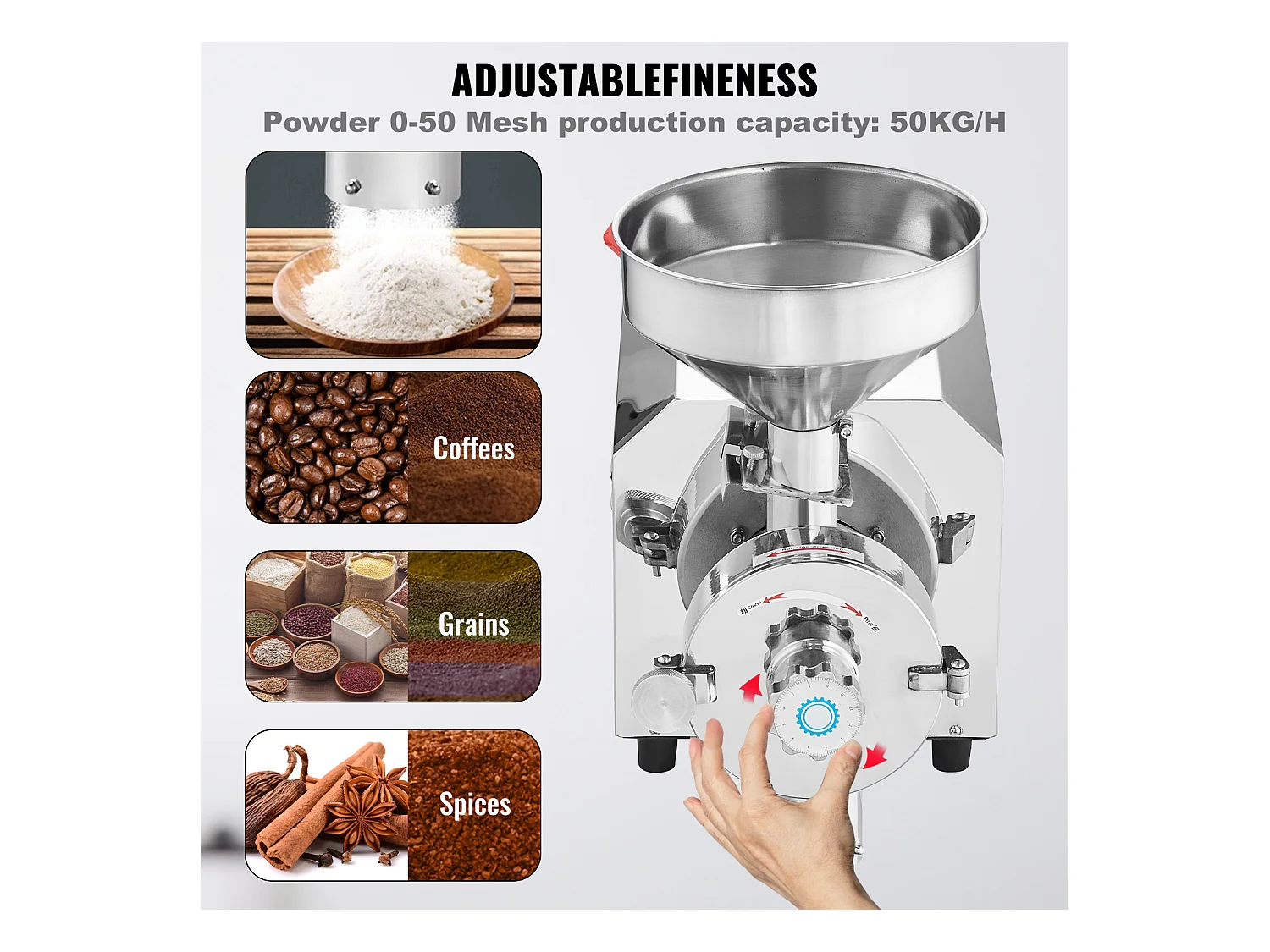 Graanmolen SucceBuy 2200 W, Maismolen 50 KG/H Rvs voor Peper Soja Pinda Maïskorrels Maalmeel