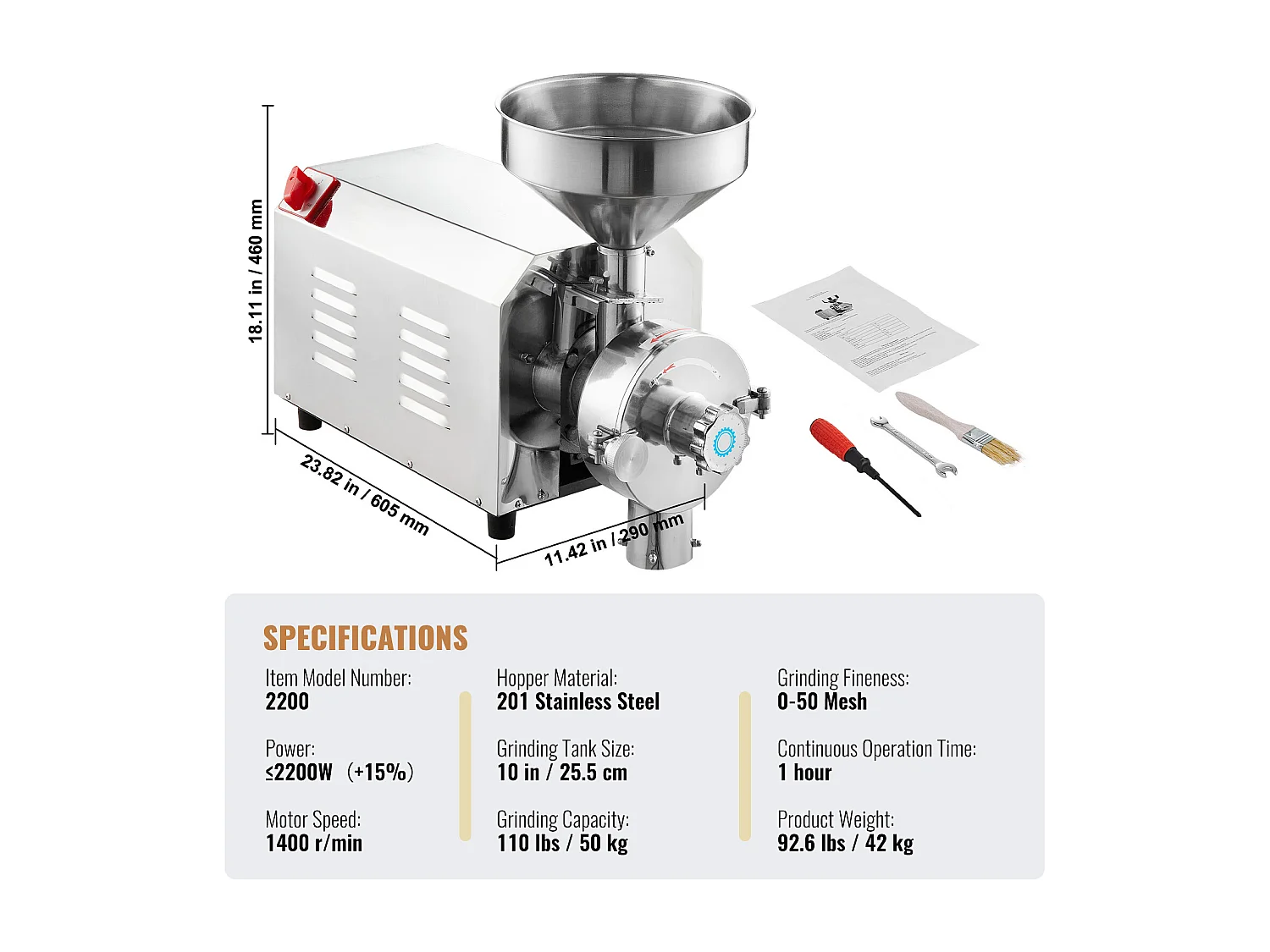 Moulin à Grains SucceBuy 2200 W, Moulin à Maïs 50 KG/H Acier Inoxydable pour Poivre Soja Arachide Grains de Maïs Farine de Mouture